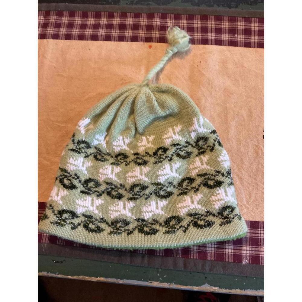 Turtle Fur Adult Green Knitted Hat with Floral Pattern